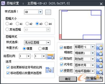 圖1 中望CAD機械版2015圖幅設置對話框